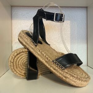 Urban Outfitters Black Leather Espadrille Sandals Ankle Strap Jute Sole Summer